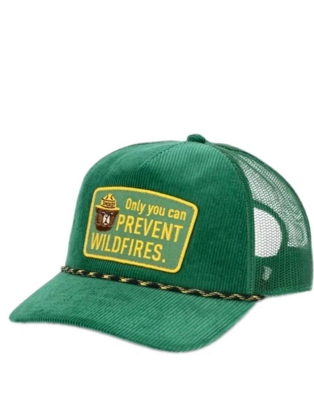 Smokey Green Corduroy  ‘Only You Can Prevent Wildfires' Rope Trucker Hat NWT